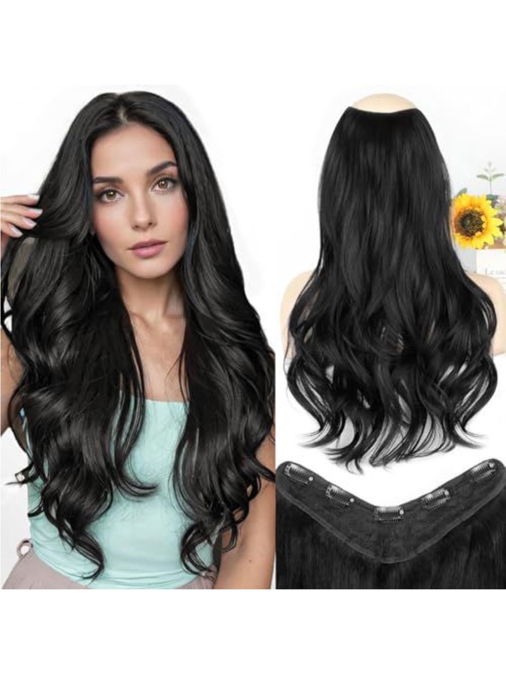 Black Clip-In Long Wavy Hair Extensions - Natural Black